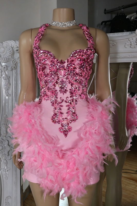 Crystal Beaded Halter Feather Mini Dress
