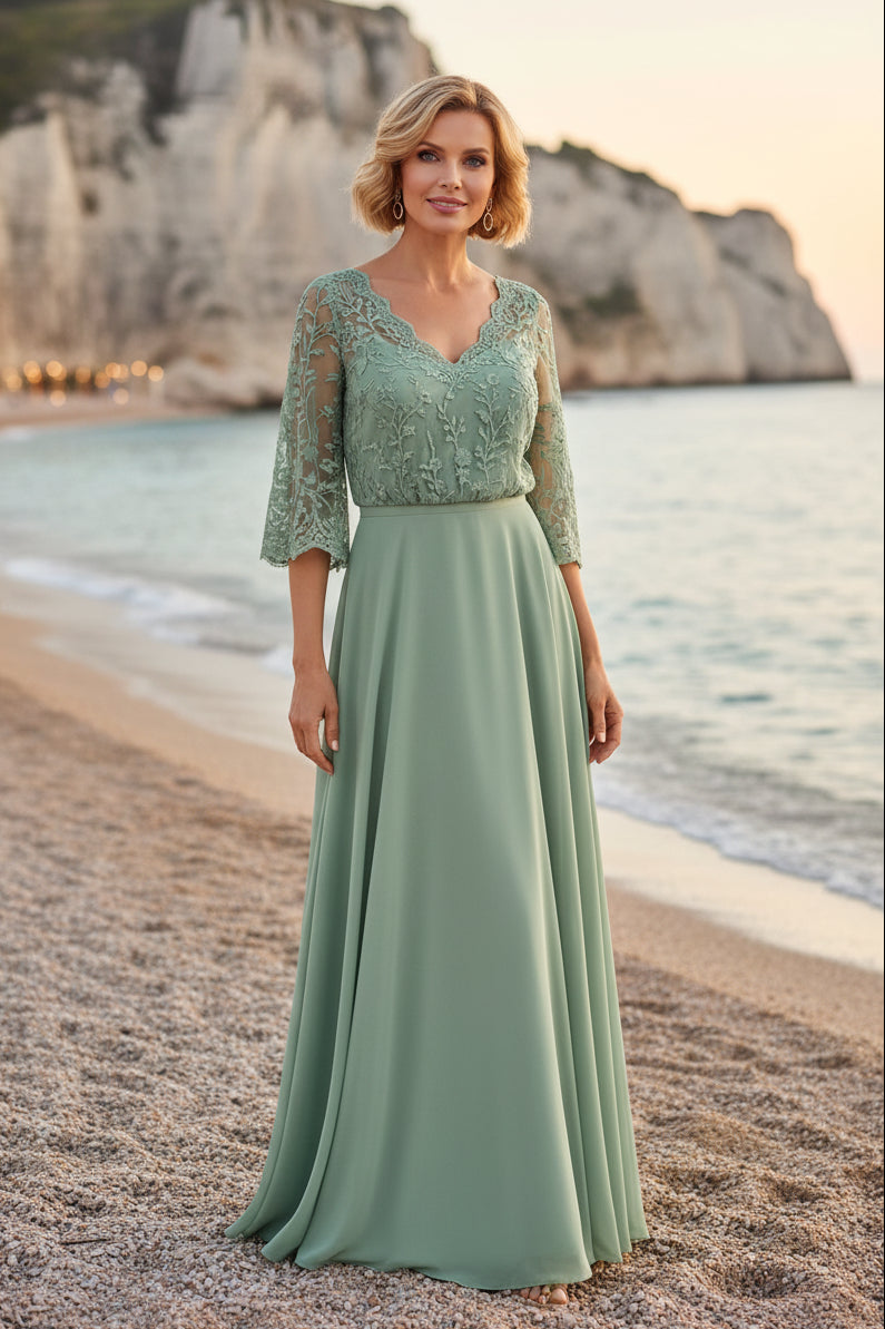 Lace Bodice A-Line Maxi Dress with Bell Sleeves