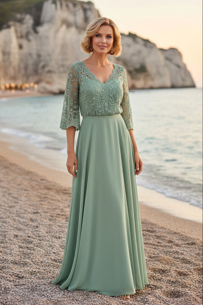 Lace Bodice A-Line Maxi Dress with Bell Sleeves