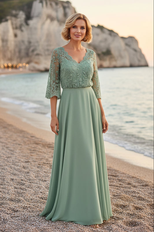 Lace Bodice A-Line Maxi Dress with Bell Sleeves