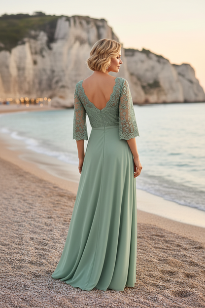 Lace Bodice A-Line Maxi Dress with Bell Sleeves