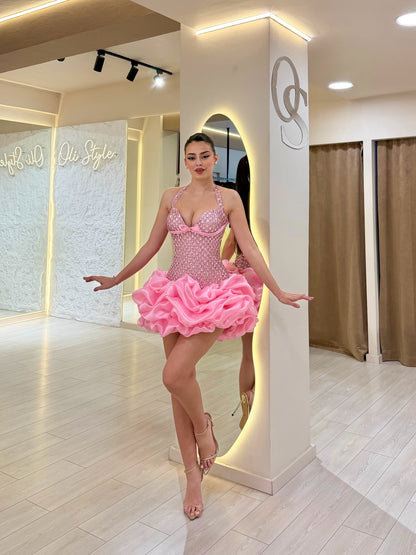 Halter Corset Crystal Beaded Ruffle Mini Dress