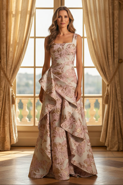 Floral Jacquard A-Line Gown with Square Neck & Ruffle Drape