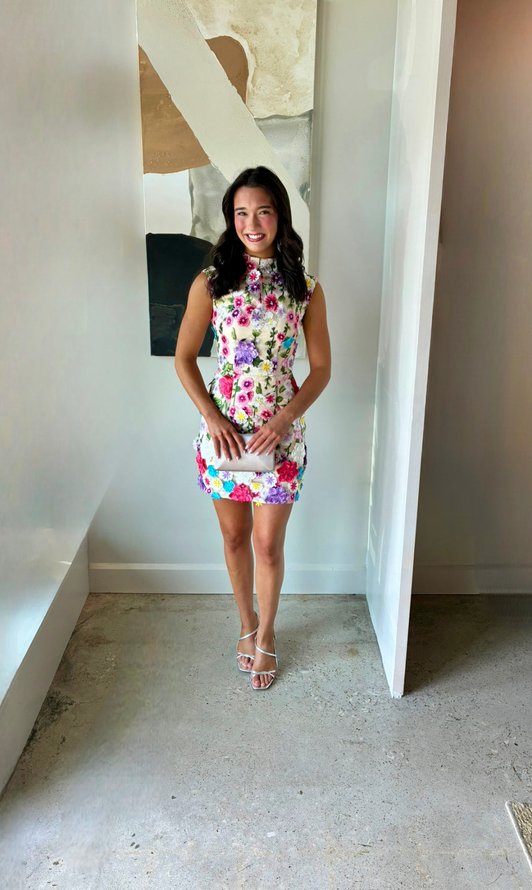 High-Neck 3D Floral Embroidered Mini Dress