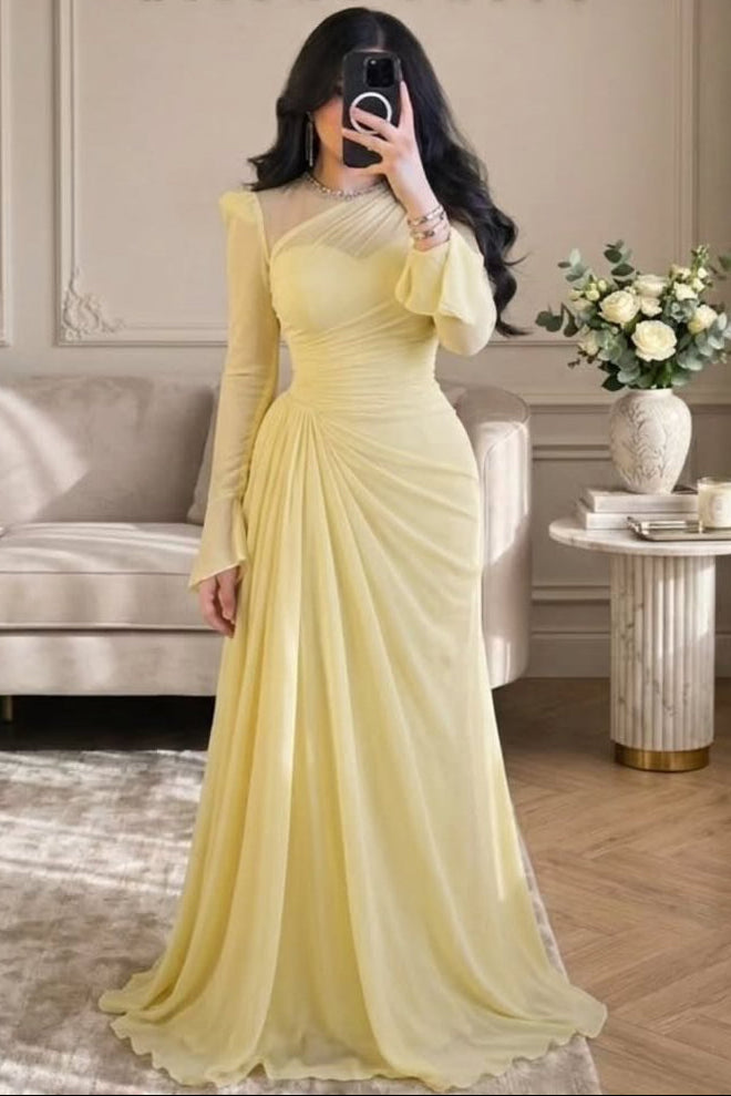 Ruched Illusion Neck Long Sleeve Gown