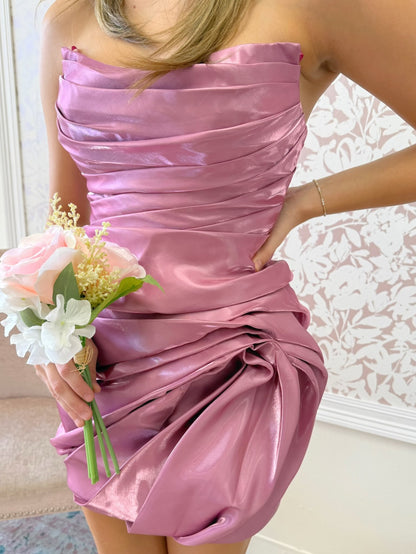 Strapless Ruched Metallic Mini Dress with Bubble Hem