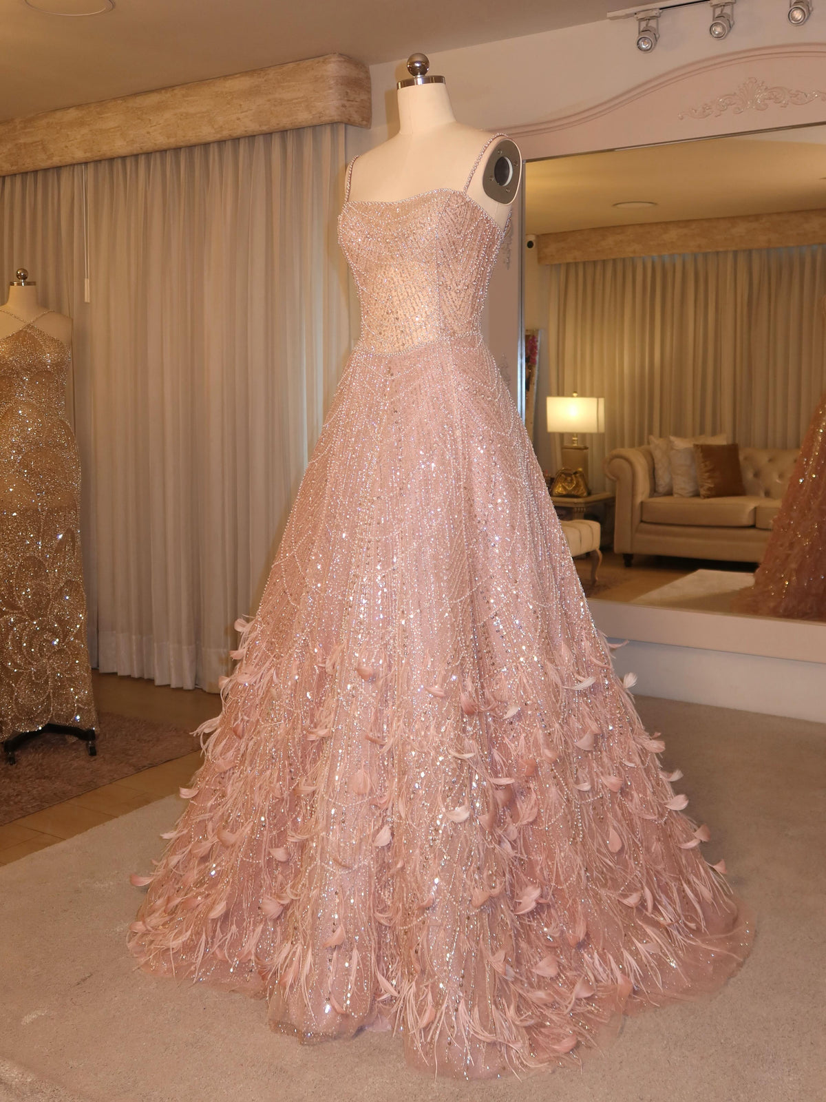 Beaded Feather Ball Gown Evening Dress