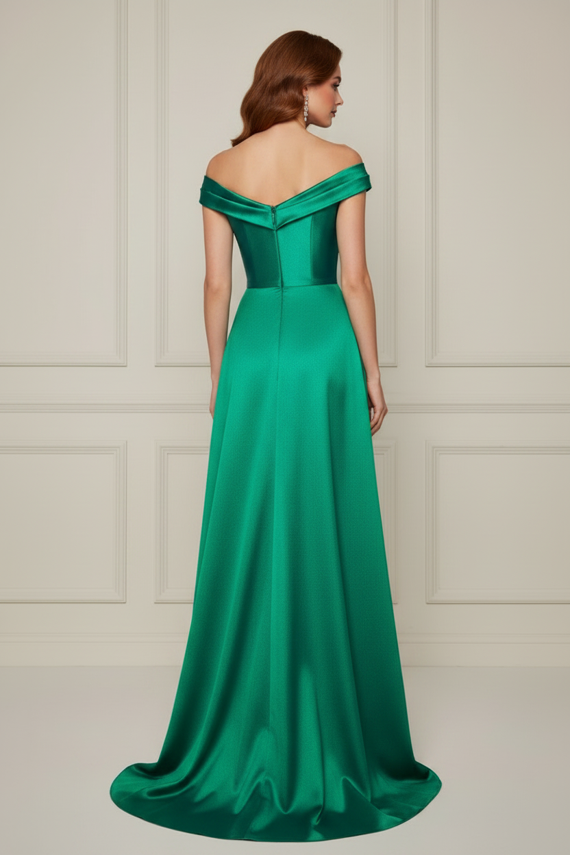 Off-the-Shoulder Satin Gown with Slit