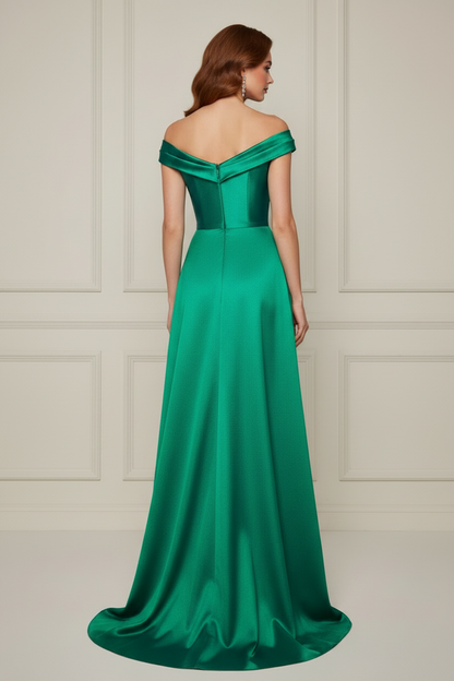 Off-the-Shoulder Satin Gown with Slit