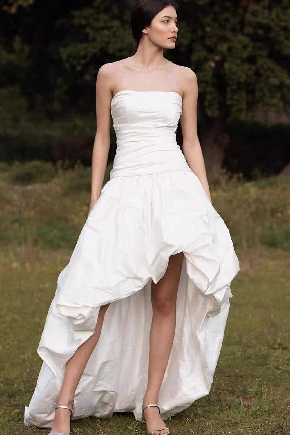 Strapless Ruched Taffeta High-Low Wedding Dress