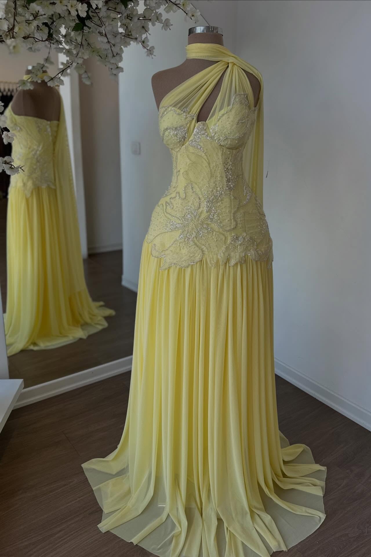 One-Shoulder Pleated Gown with Beaded Lace