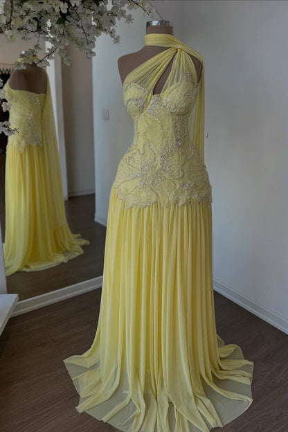 One-Shoulder Pleated Gown with Beaded Lace