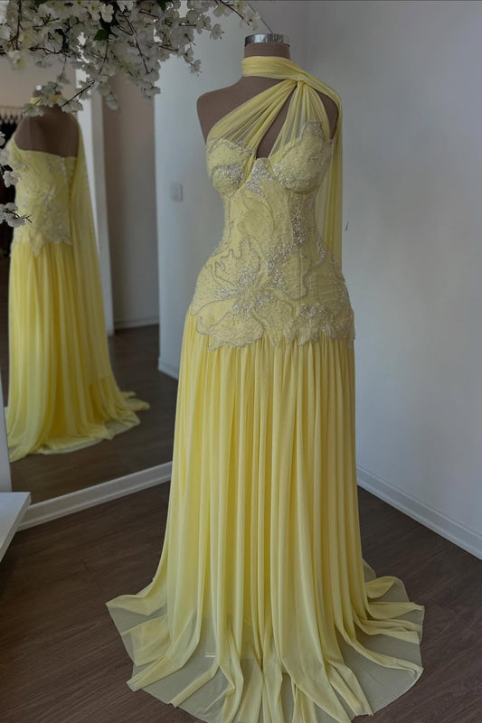 One-Shoulder Pleated Gown with Beaded Lace