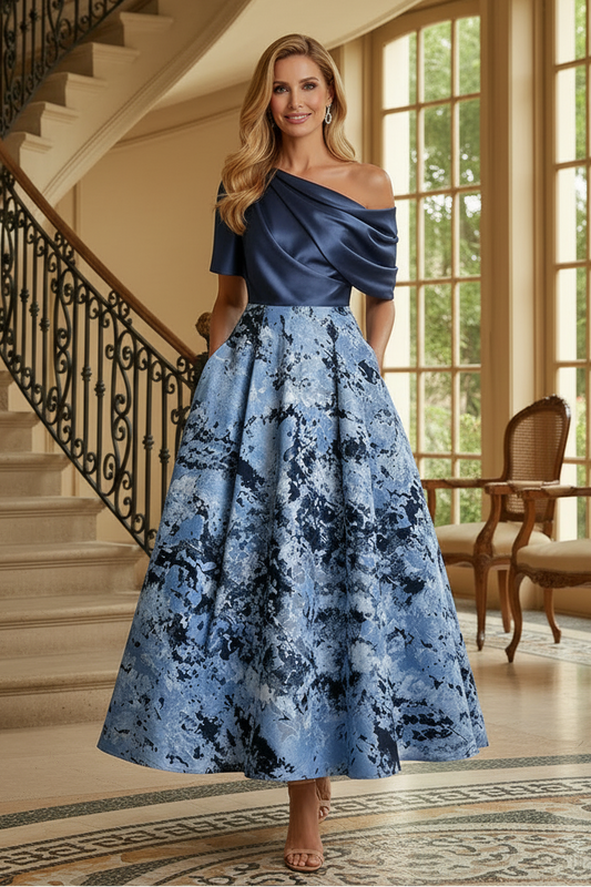 One-Shoulder Pleated A-Line Midi Dress with Pockets