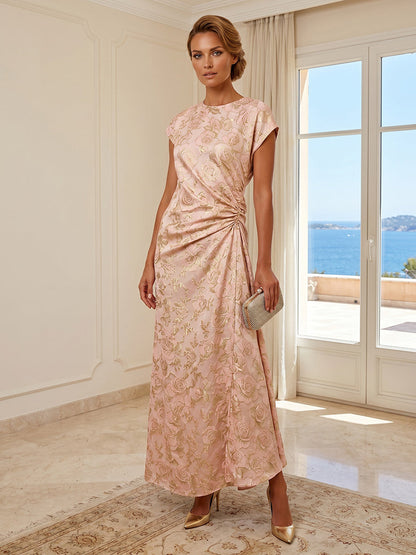 Metallic Jacquard Ruched Sheath Evening Gown