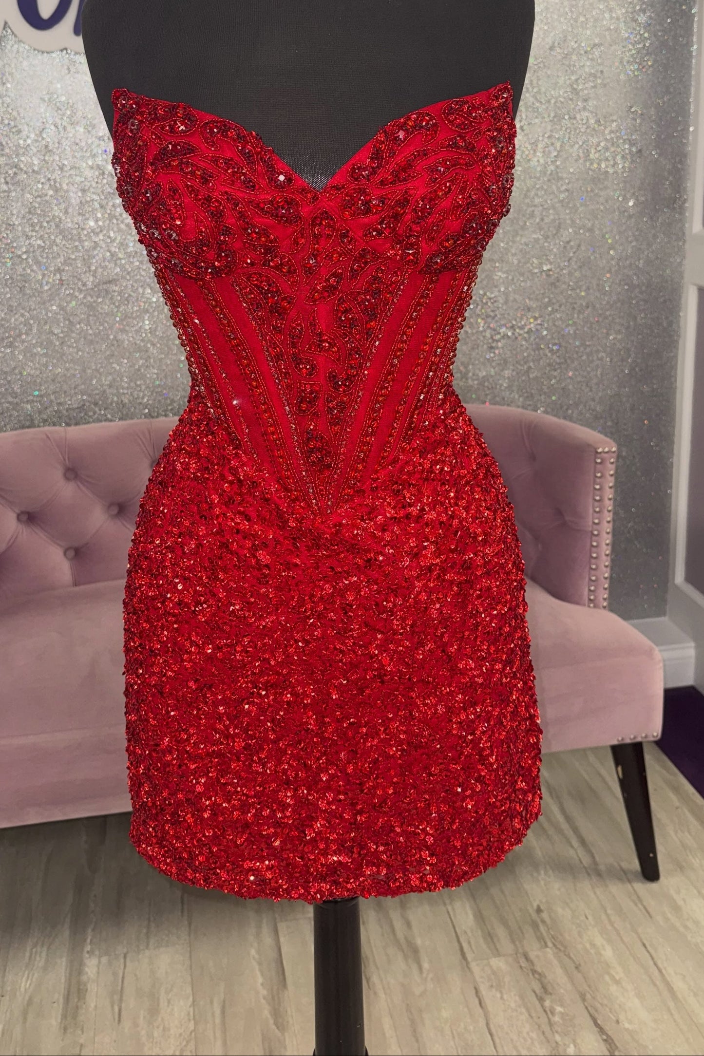 Strapless Sequin Corset Mini Dress with Beaded Bodice