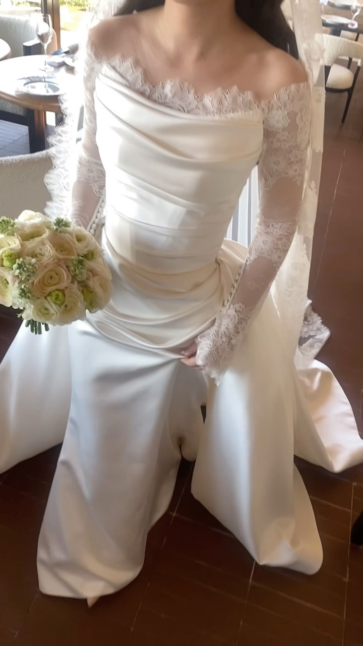Off-Shoulder Ruched Satin Lace Long Sleeve Wedding Dress