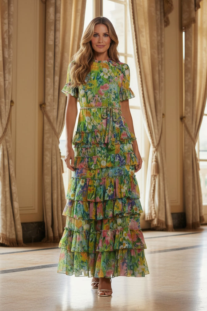 Tiered Ruffle Floral Print Maxi Dress with Belt
