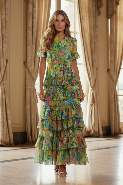 Tiered Ruffle Floral Print Maxi Dress with Belt
