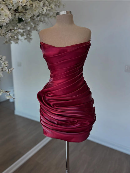 Strapless Ruched Satin Bodycon Mini Dress