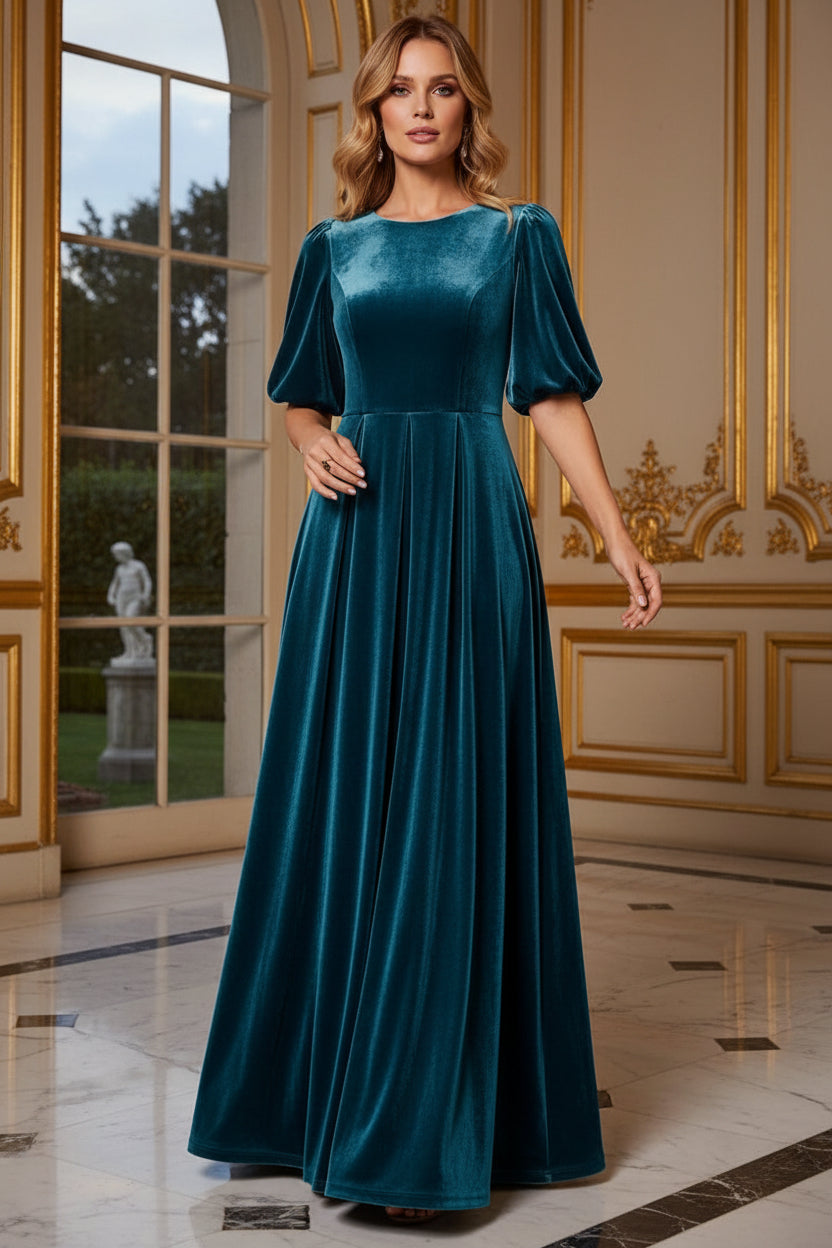 Puff Sleeve Velvet A-Line Maxi Dress