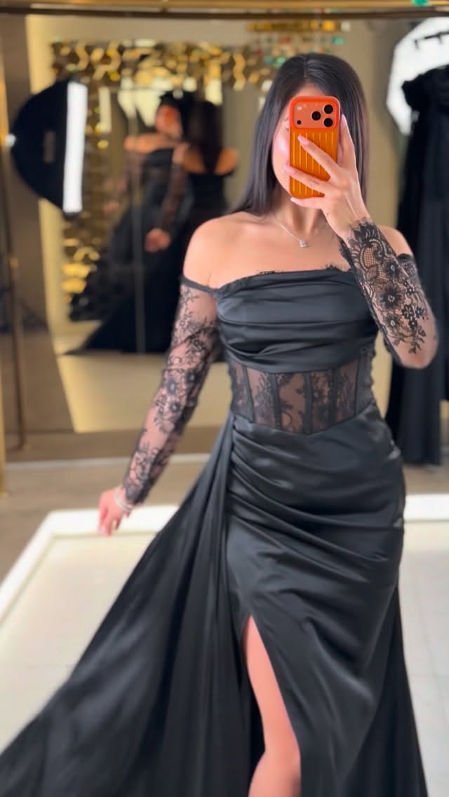 Off-the-Shoulder Lace Corset Evening Gown with Slit