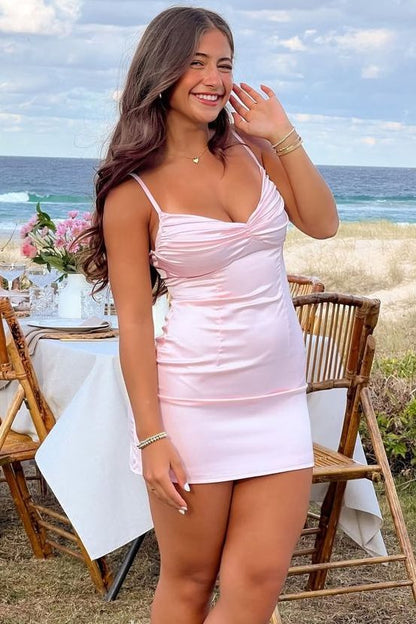Ruched Satin Bodycon Mini Dress with Spaghetti Straps