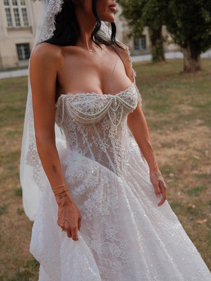 Corset Lace A-Line Wedding Dress with Pearl Beading