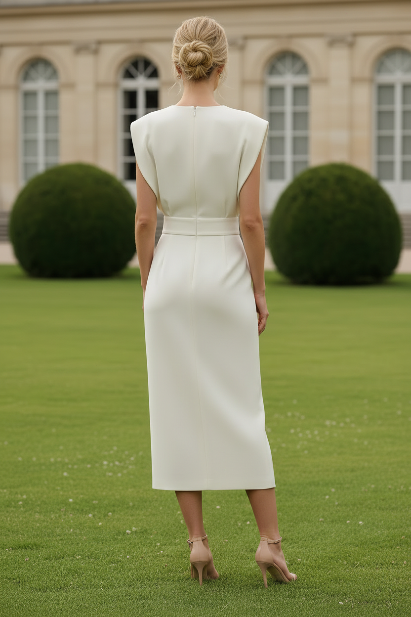 Padded Shoulder Button Slit Midi Dress