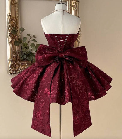 Strapless Jacquard Mini Dress with Statement Bow