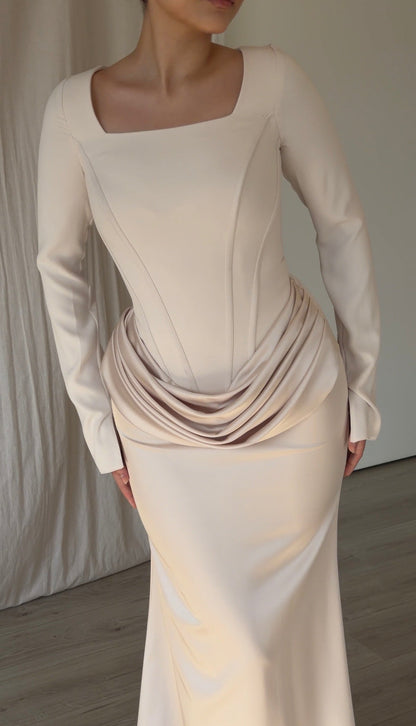 Long Sleeve Corset Gown with Draped Satin Skirt