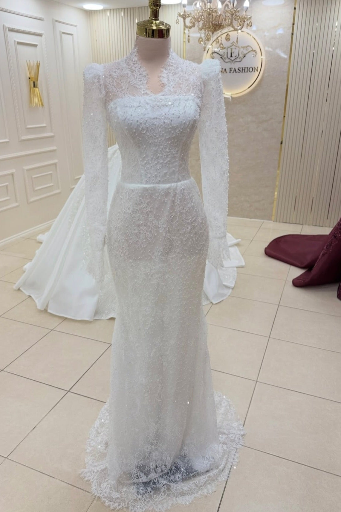 High Neck Lace Mermaid Wedding Dress with Long Sleeves