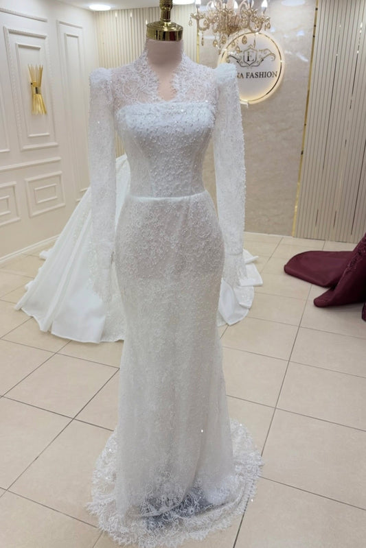 High Neck Lace Mermaid Wedding Dress with Long Sleeves