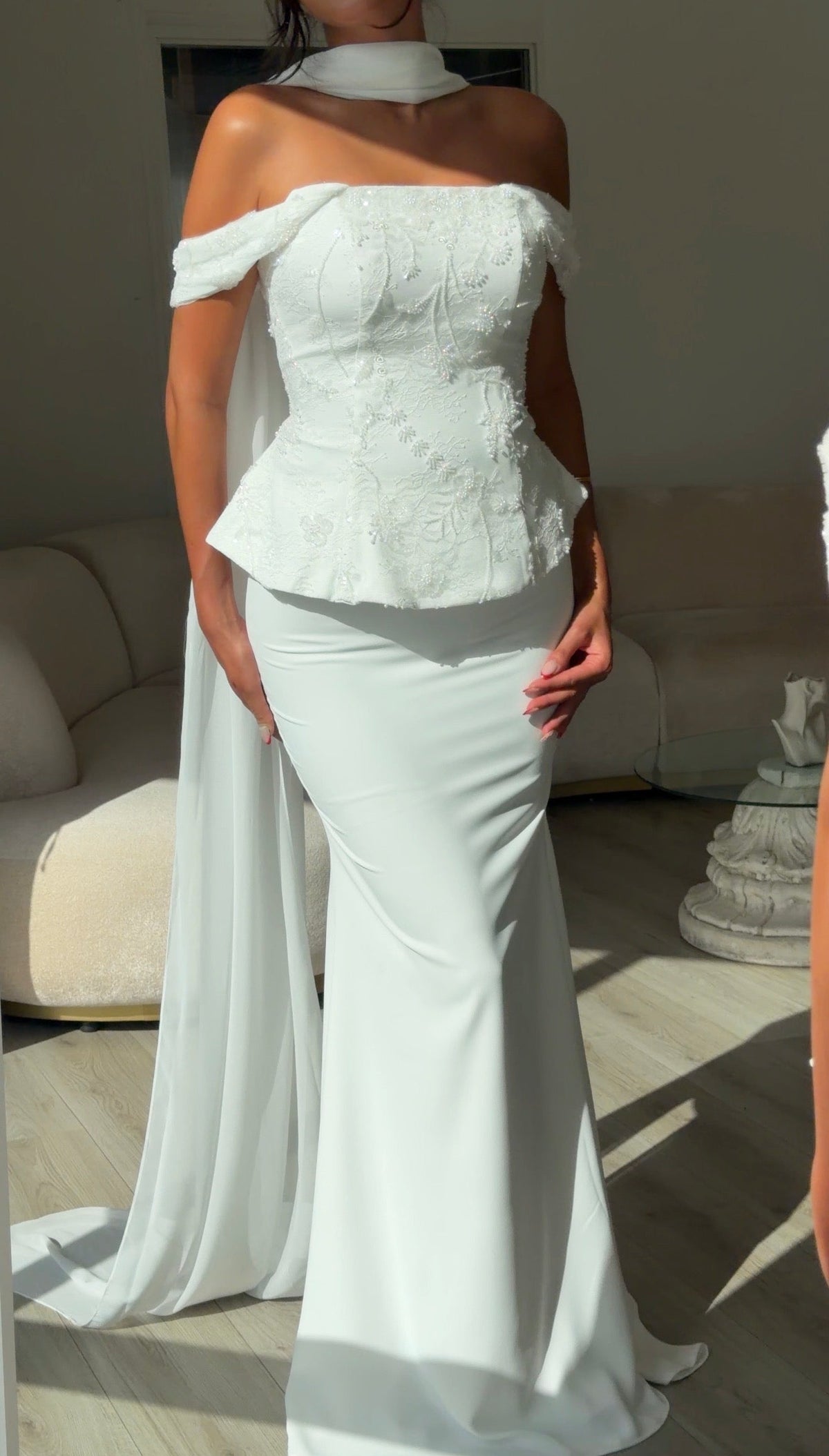 Sequined Peplum Evening Gown with Chiffon Cape