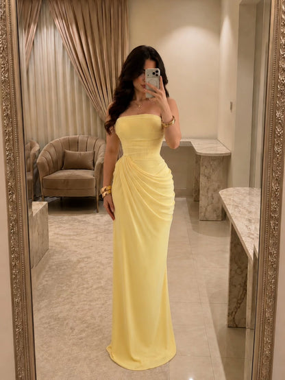 Strapless Draped Corset Gown with High Slit