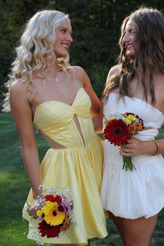 Strapless Sweetheart Beaded Satin Cut-Out Dress