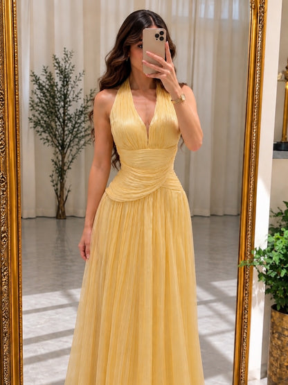 Pleated Halter Neck A-Line Gown with Ruched Waist