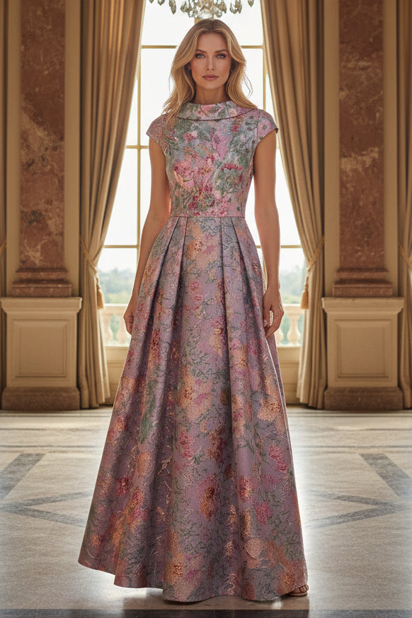 Floral Jacquard Pleated Maxi Dress