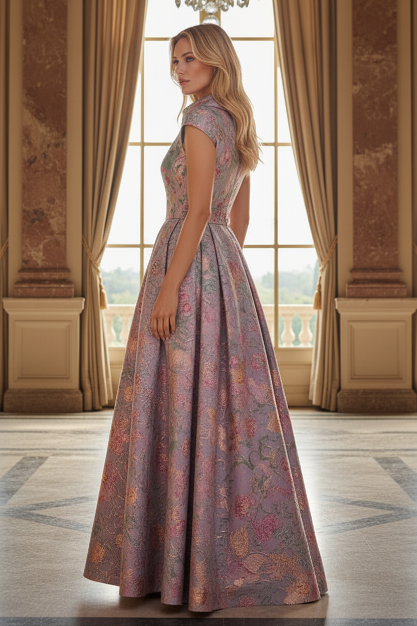 Floral Jacquard Pleated Maxi Dress