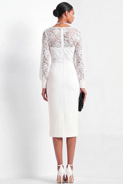 Lace Cowl Neck Midi Sheath Dress with Long Sleeves