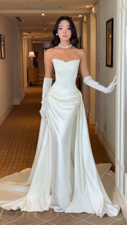 Strapless Corset Satin Wedding Dress with Draping