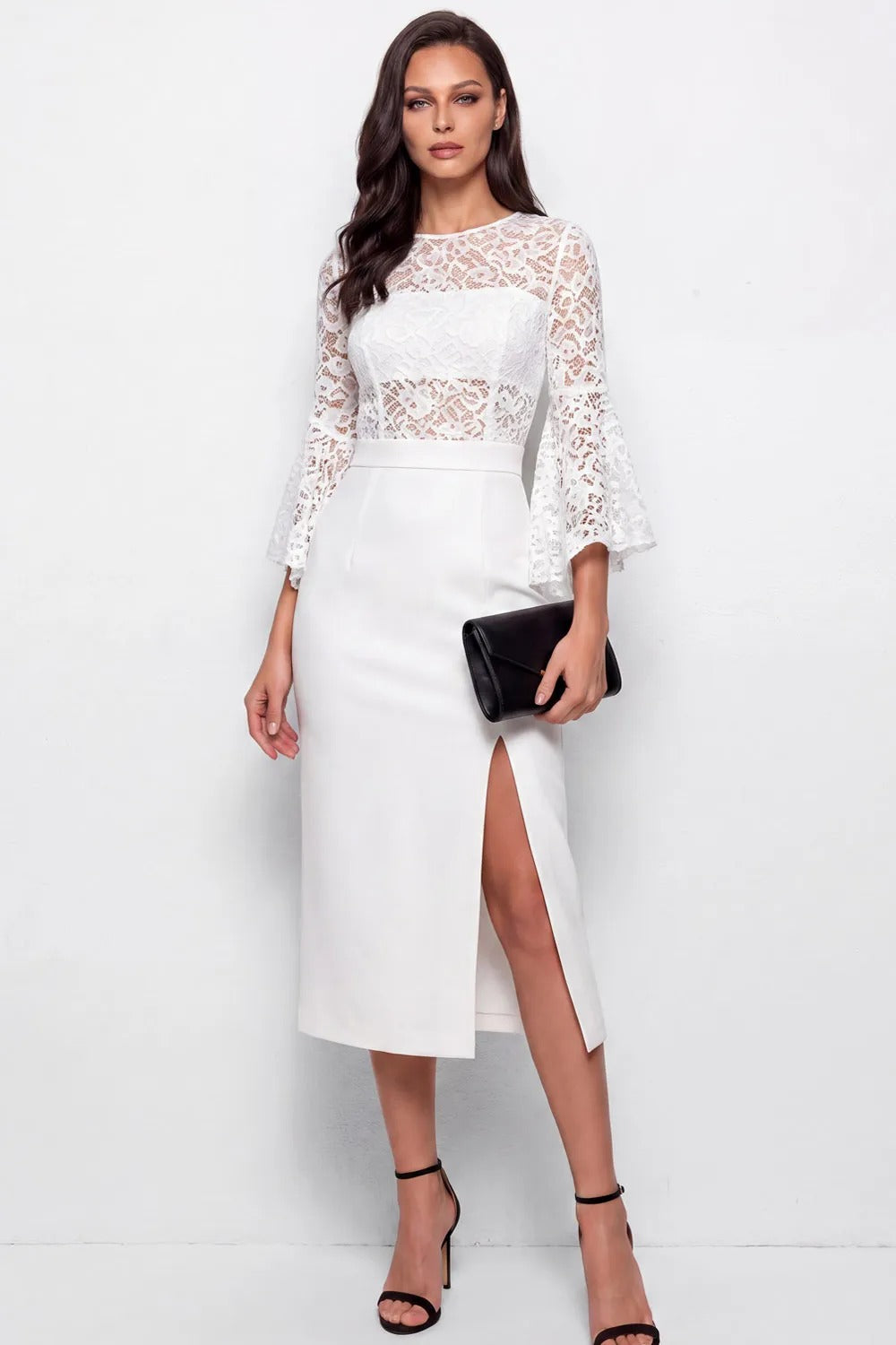 Lace Bell Sleeve Midi Sheath Dress with Slit