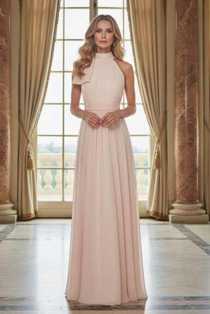 Pleated High-Neck Chiffon A-Line Maxi Dress