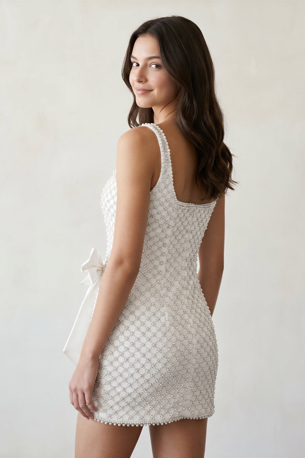 Pearl-Embellished Bowknot Sheath Mini Dress