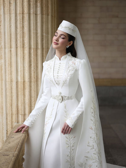 High-Neck Embroidered Bridal Gown with Cape Sleeves