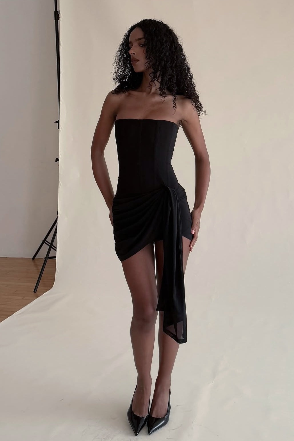 Strapless Corset Mini Dress with Draped Skirt