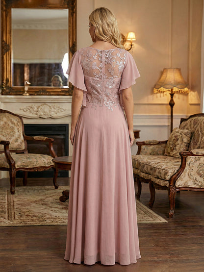Flutter Sleeve Chiffon Evening Dress with Lace Bodice
