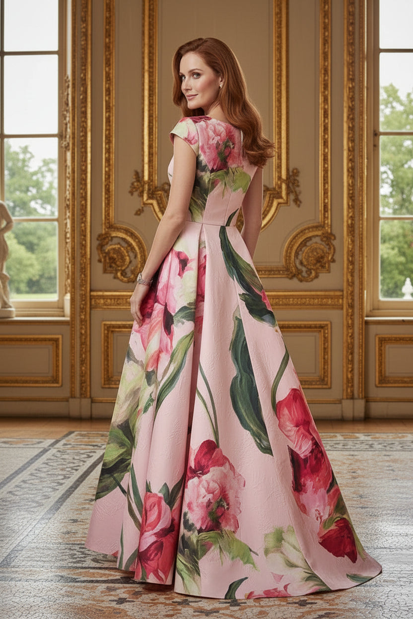 Floral Jacquard Cap Sleeve A-Line Gown