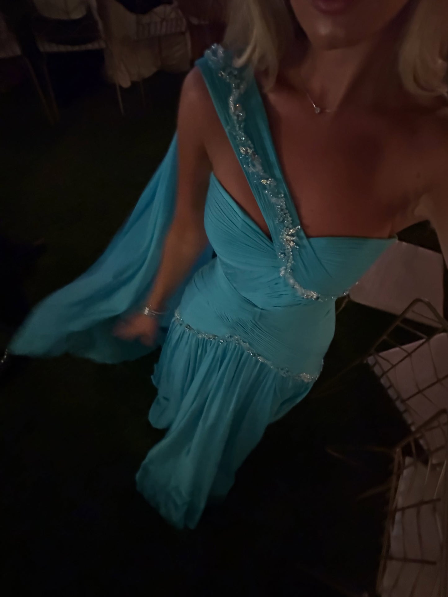 Asymmetric Pleated Chiffon Gown with Cape