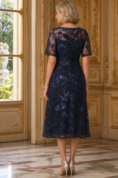 Embroidered Floral Lace Midi Dress with Sleeves